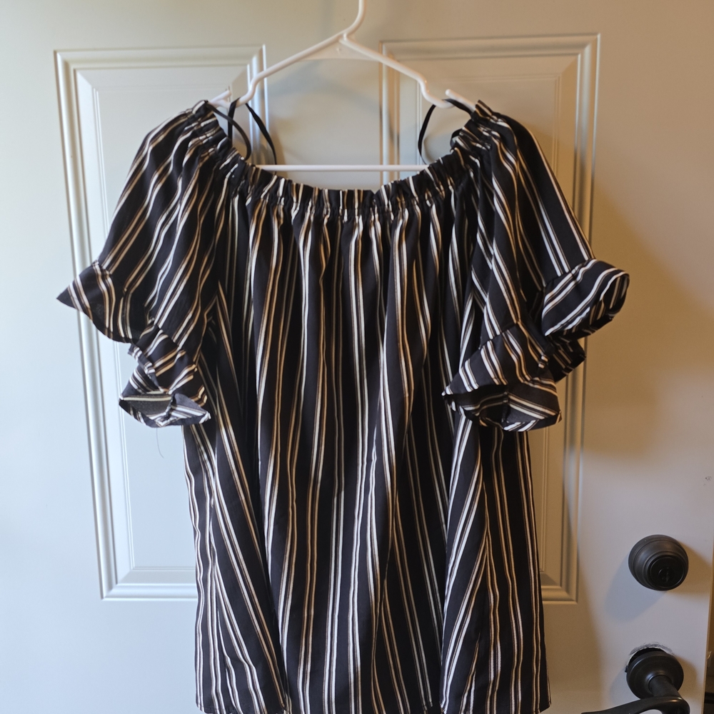 She and Sky Black and White Striped Ruffle Blouse
